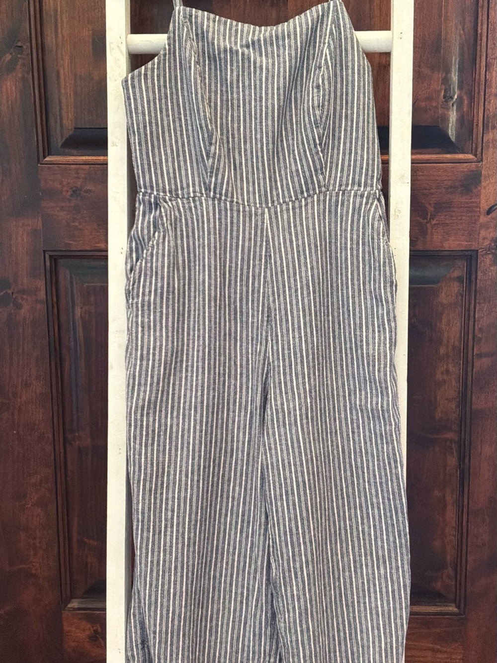 Old Navy Strapless Blue and White Vertical-Stripe Jumpsuit